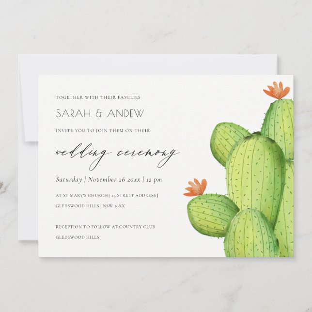 GREEN WATERCOLOUR DESERT CACTUS FLOWER  WEDDING INVITATION (Front)