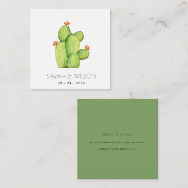 GREEN WATERCOLOUR DESERT CACTUS FLOWER  WEDDING SQUARE BUSINESS CARD (Front/Back)