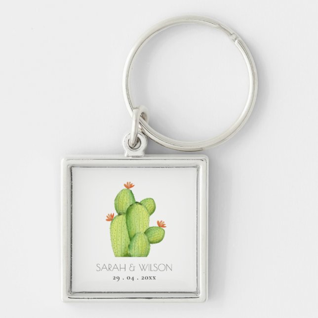GREEN WATERCOLOUR DESERT CACTUS SAVE THE DATE GIFT KEY RING (Front)