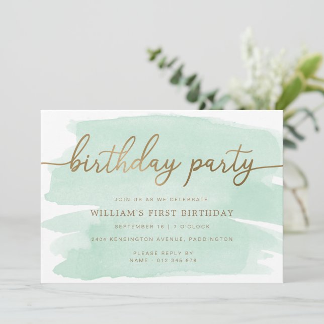 Green Watercolour Gold Birthday Party Invitation (Standing Front)