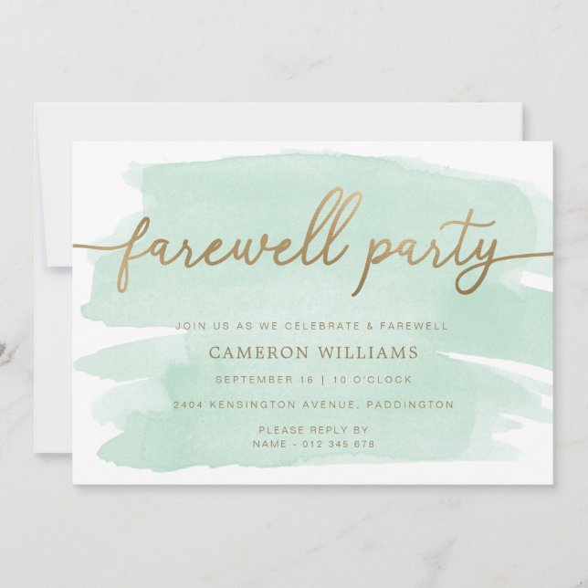 Green Watercolour Gold Farewell Party Invitation (Front)
