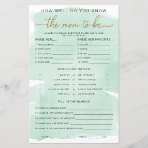 Green Watercolour Gold Know The Mum-to-be Game
