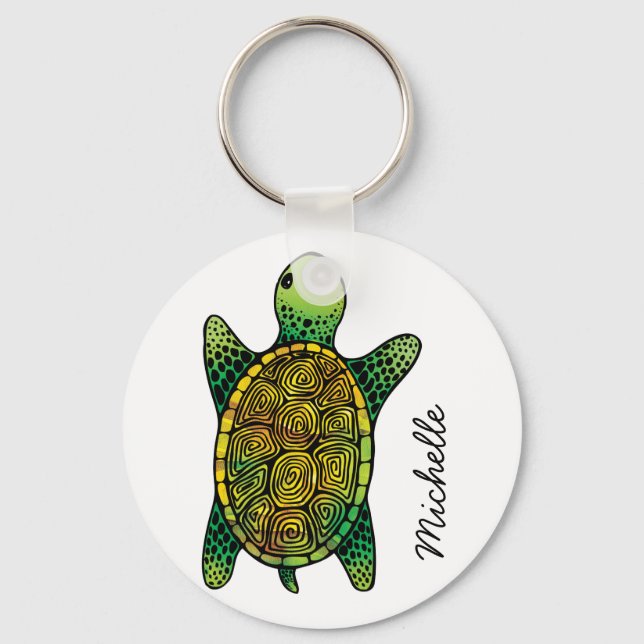 Green Watercolour Ink Drawn Turtle Key Ring (Front)