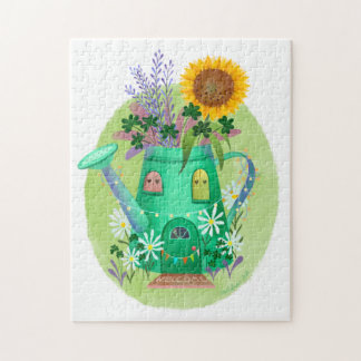 Green Watering Can Cottage and Sunflower Jigsaw Puzzle