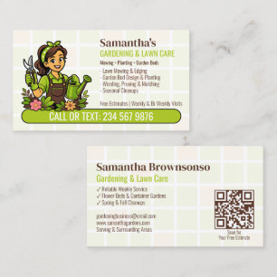 Green Watering Can Gardener Girl QR Lawn Care Business Card