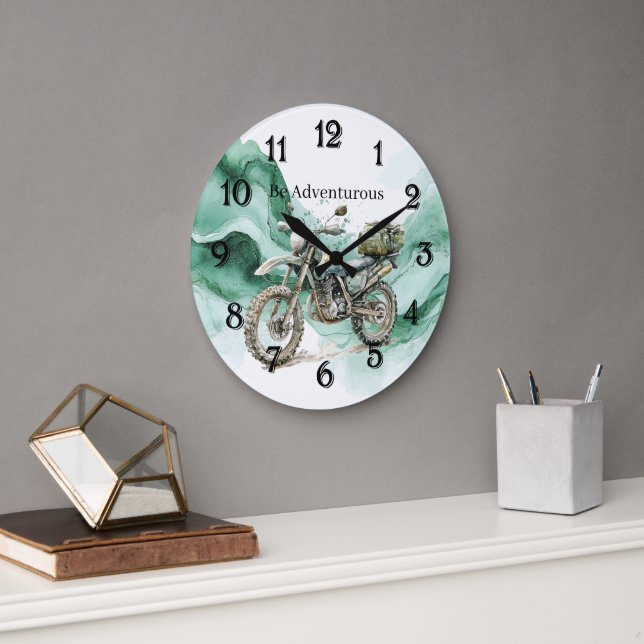 Green Wave Motorcycle Be Adventurous Large Clock (Office)