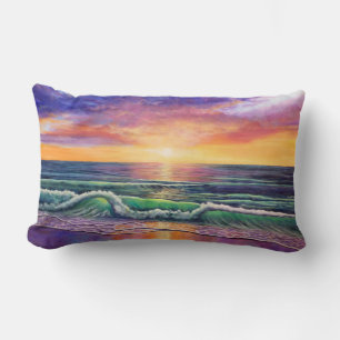 Green Wave Sunset Seascape 2 Lumbar Cushion