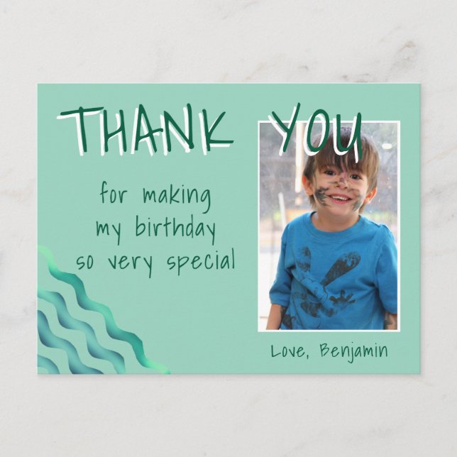 Green Waves Birthday Photo Thank you Card (Front)