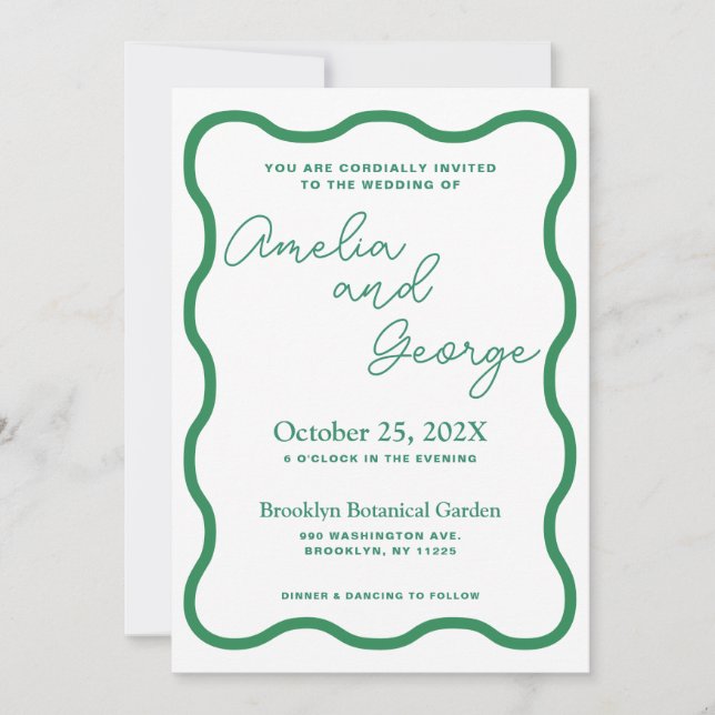 Green Wavy Retro Photo Wedding Invitation (Front)