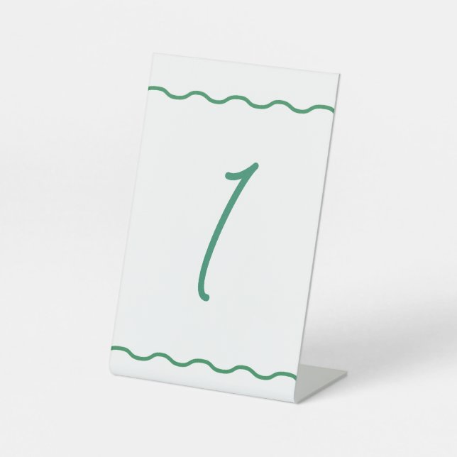 Green Wavy Retro Wedding Table Number Pedestal Sign (Front)