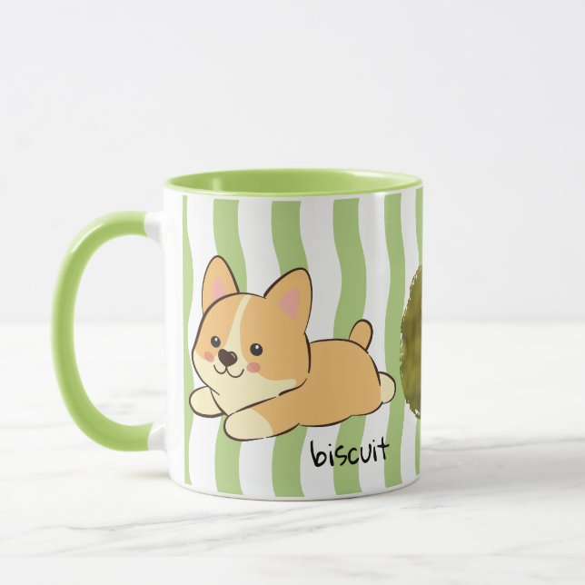 Green Wavy Stripes Corgi Photo Name Coffee Mug (Left)