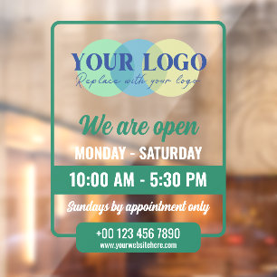 Green We Are Open Hours With Your Logo Window Cling