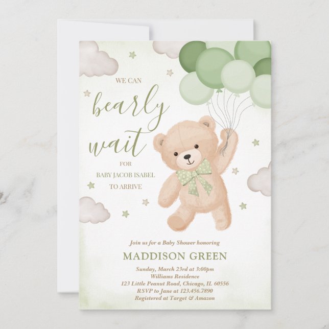 Green We Can Bearly Wait Baby Shower Invitation (Front)