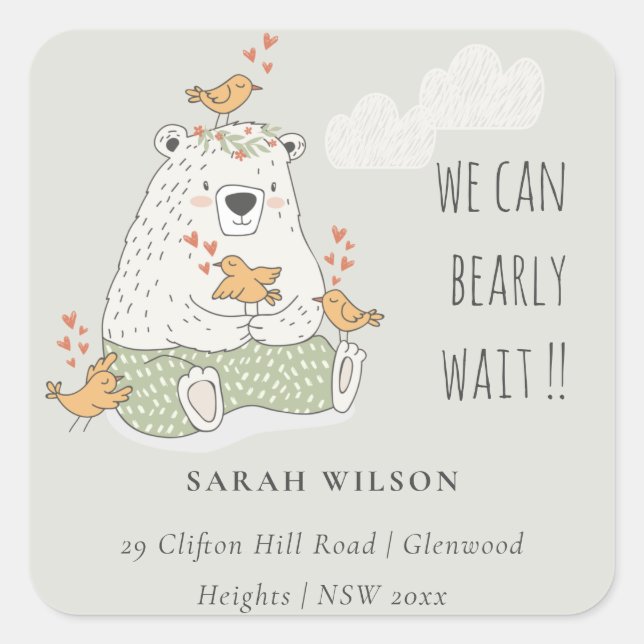 Green We Can Bearly Wait Bear Baby Shower Address Square Sticker (Front)