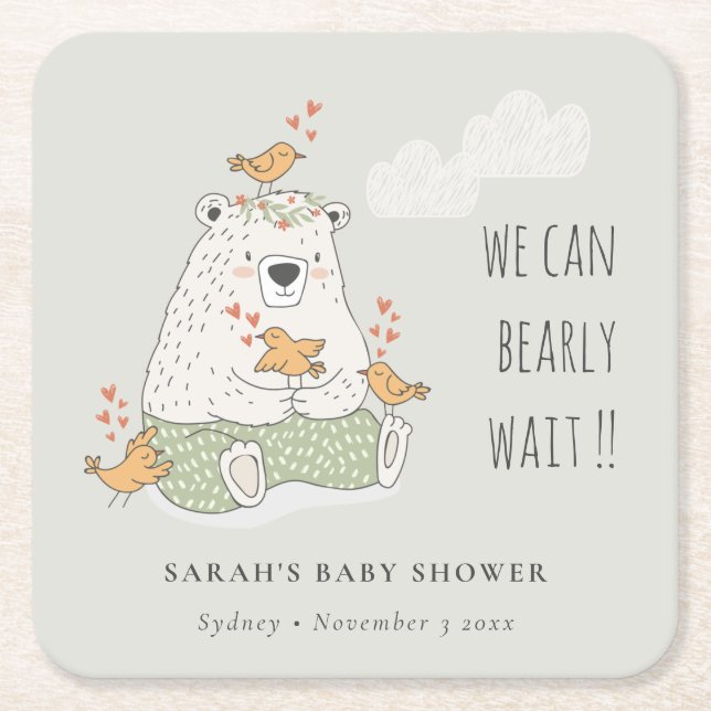 Green We Can Bearly Wait Bear Birds Baby Shower Square Paper Coaster (Front)