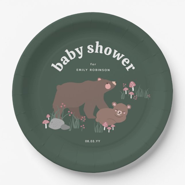 Green We Can Bearly Wait Woodland Baby Shower Paper Plate (Front)