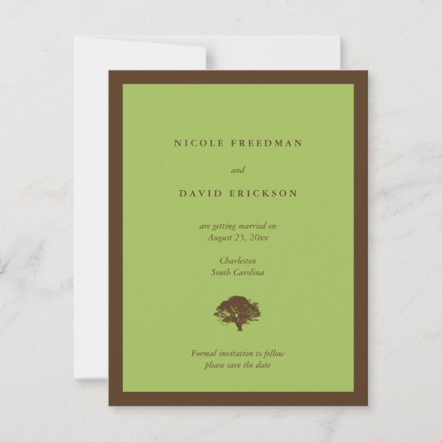 Green wedding announcement oak tree save the date (Front)