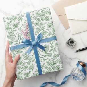 Green Wedding Doves with Ribbons and Flowers Wrapping Paper