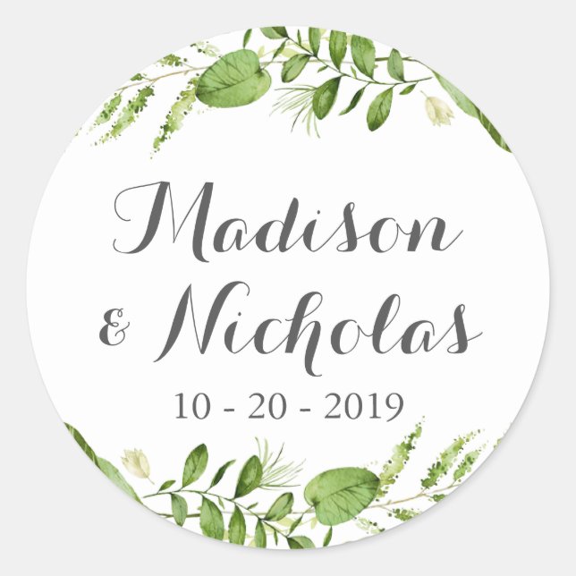 Green Wedding Envelope Seal Stickers, Greenery (Front)