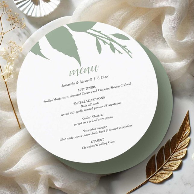 Green Wedding Foliage Round Menu Card (Wedding menu card with minimalist sage green leaves designed by Victoria Grigaliunas DoTellABelle)