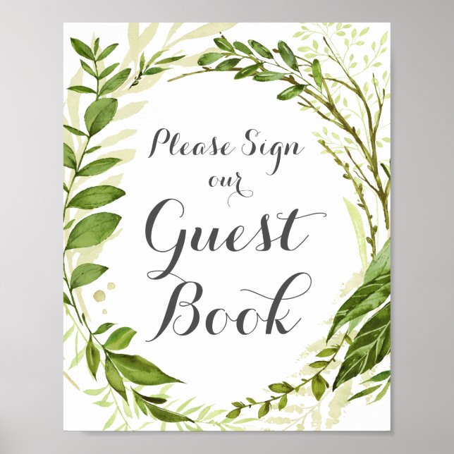 Green Wedding Guest Book Sign, Rustic Greenery (Front)