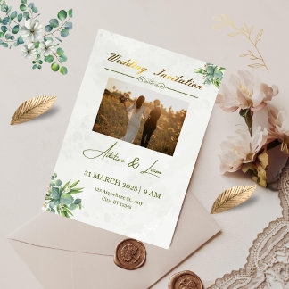 Green wedding invitation, with fixed gold title  save the date