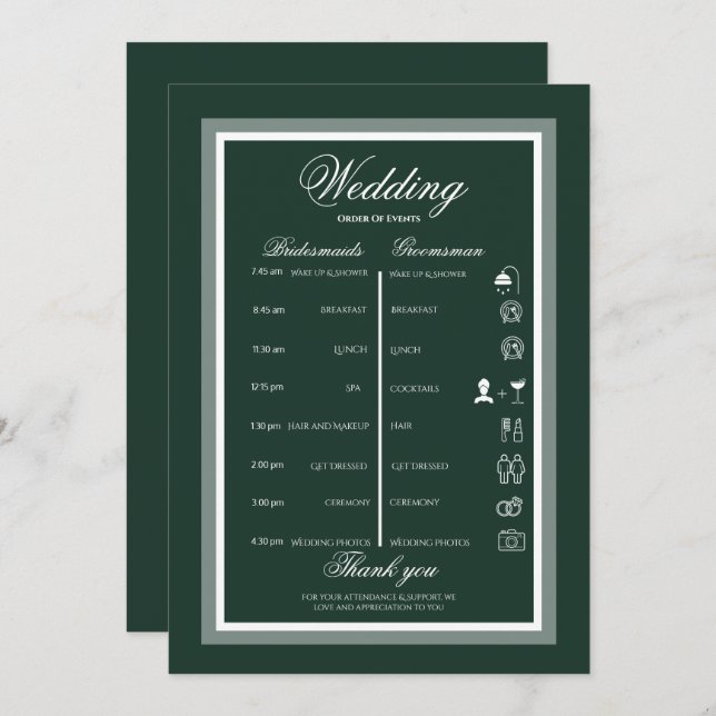Green wedding itinerary  invitation (Front/Back)