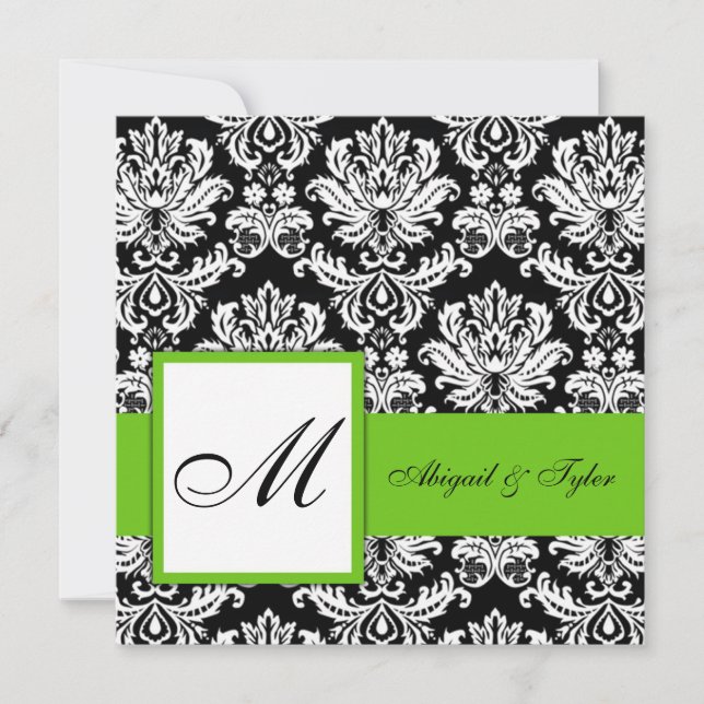Green Wedding Monogram Damask Invitation (Front)