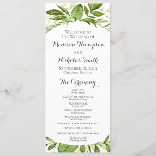 Green Wedding Program Cards, Rustic Greenery Programme