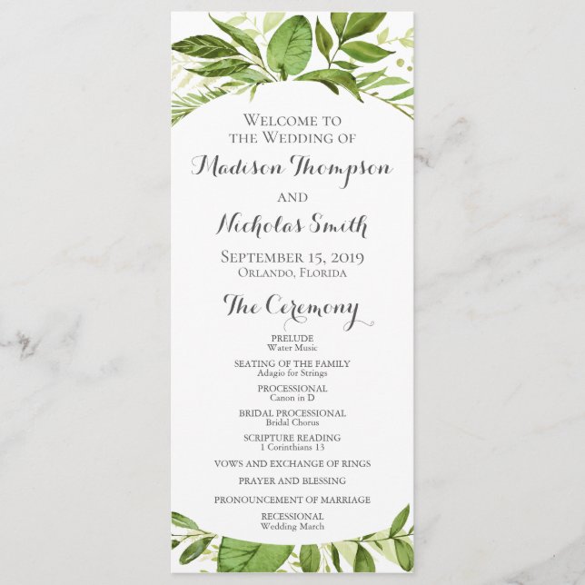 Green Wedding Program Cards, Rustic Greenery Programme (Front)