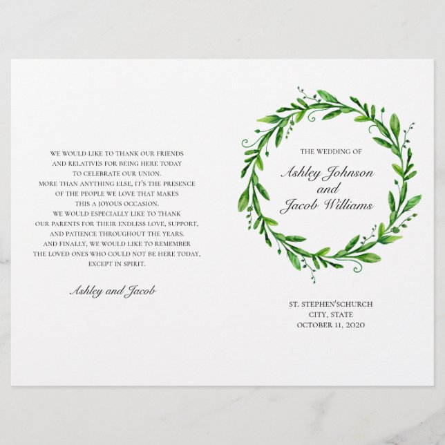 Green wedding program folded. Watercolor botanical (Front)