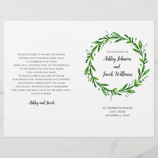 Green wedding program. Summer church ceremony (Front)