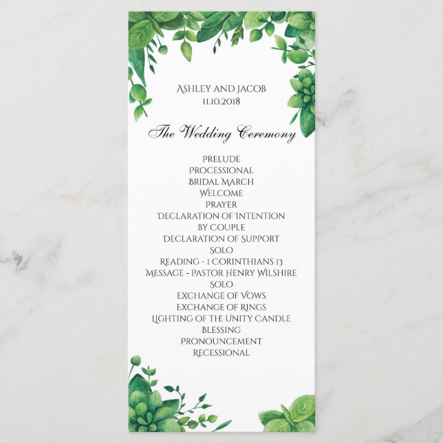 Green wedding program. Summer garden ceremony card (Front)