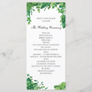 Green wedding program. Summer garden ceremony card