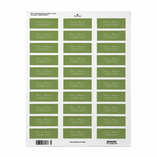 Green Wedding Return Address Label (Full Sheet)