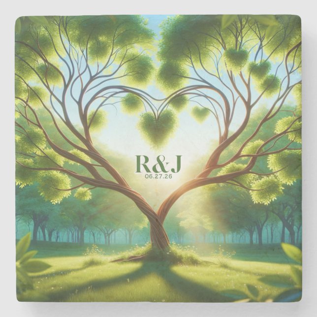Green Wedding Romantic Tree Couple Monogram Stone Coaster (Front)