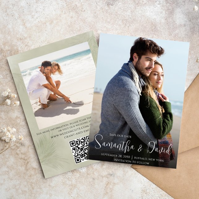 Green Wedding Save the Date Photo (Elegant green palm leaves photo save the date card. With a scannable QR Code. )