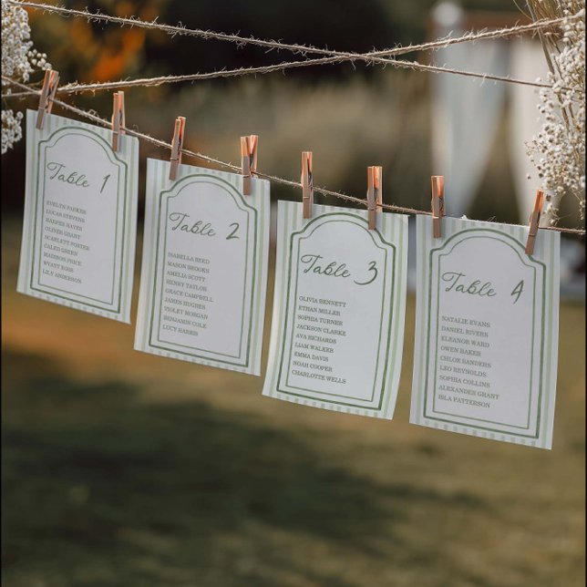 Green Wedding Striped Table Seating Chart Cards (Creator Uploaded)