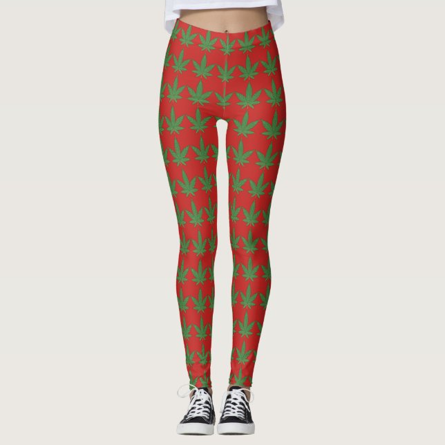 Green Weed Leaf  on Red Leggings (Front)