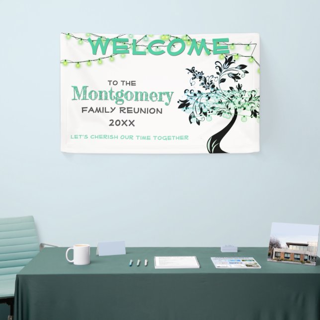 Green Welcome Family Reunion Tree Firefly Lights Banner (Tradeshow)