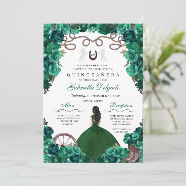 Green Western Charra Girl Ranchero Quinceanera Invitation (Standing Front)
