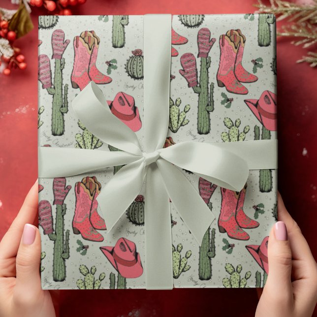 Green Western Howdy Christmas Cowgirl Wrapping Paper (Hand-Drawn Western "Howdy Christmas" Pattern. Cowboy Boots, Hats, Cactus, Holly Berries & Stars.)