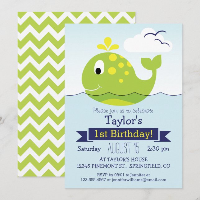 Green Whale Birthday Party Invitation (Front/Back)