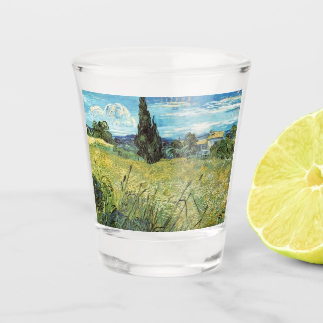 Green Wheat Field  Vincent van Gogh   Can Cooler Shot Glass (Front)