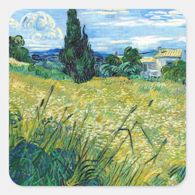 Green Wheat Field with Cypress (1889) Van Gogh art Square Sticker (Front)