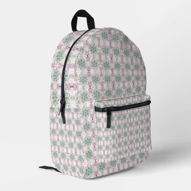 Green Wheel With Pink Flowers Printed Backpack (Back Corner Left)