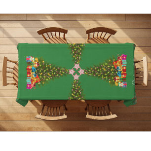 Green Whimsical Christmas Tree Quirky Reindeers  Tablecloth