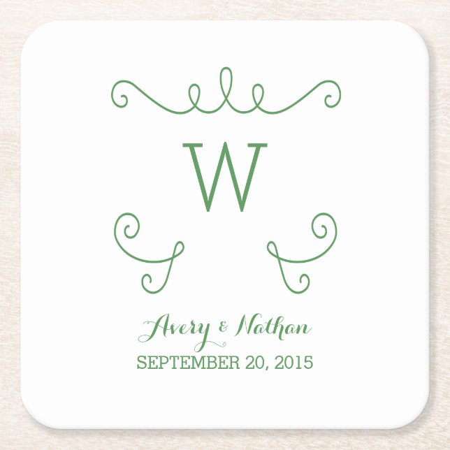 Green Whimsical Flourish Monogram Paper Coasters (Front)