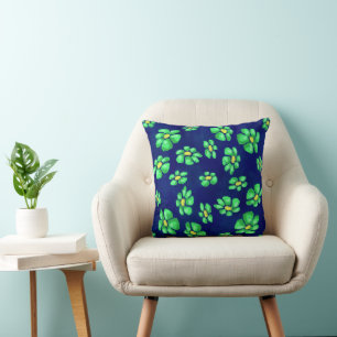 Green Whimsical Flowers Daisies on Blue Background Cushion