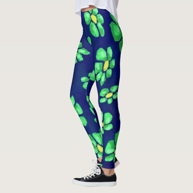 Green Whimsical Flowers Daisies on Blue Background Leggings (Left)